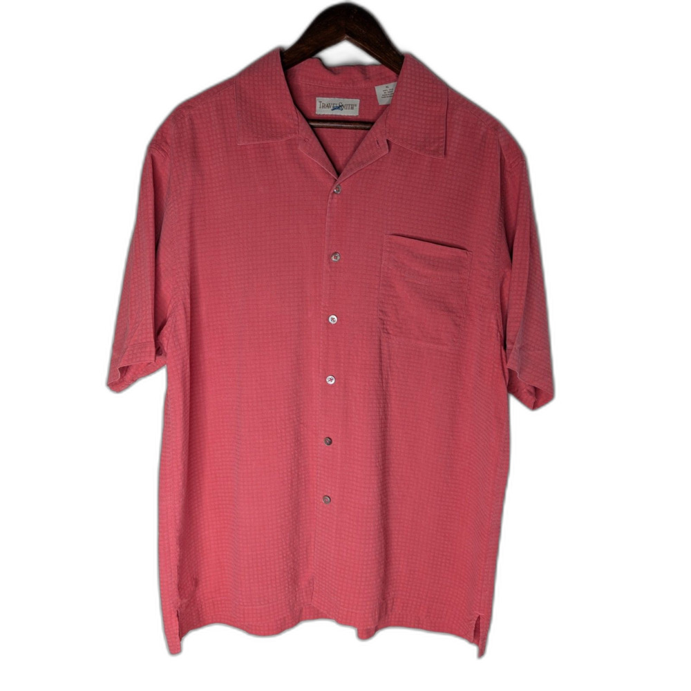 Vintage TravelSmith 100% Silk Shirt XL Coral Textured Camp Collar Button Front